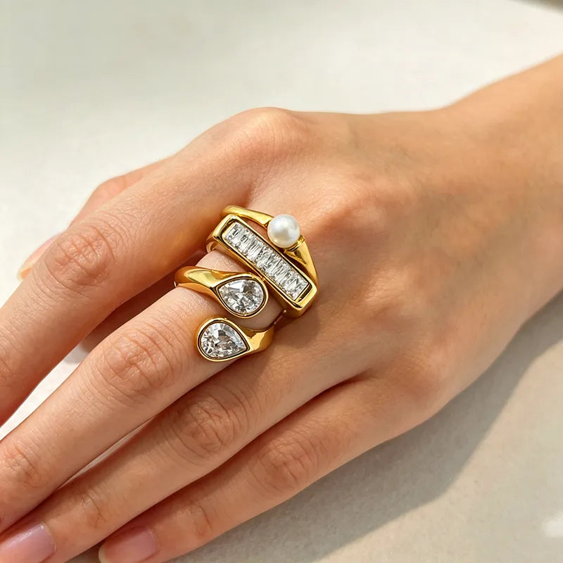 Ultra 3 Ring Stack Set worn on hand showing gold zircon and pearl rings South Africa