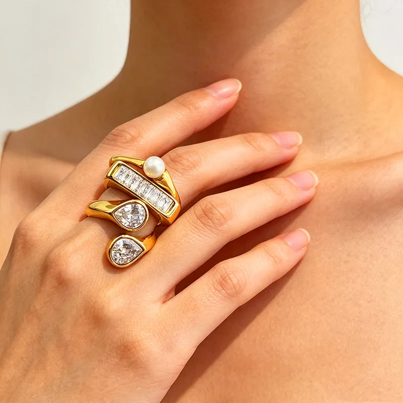 Ultra 3 Ring Stack Set 18K gold plated rings with zircon and pearl scattered on surface